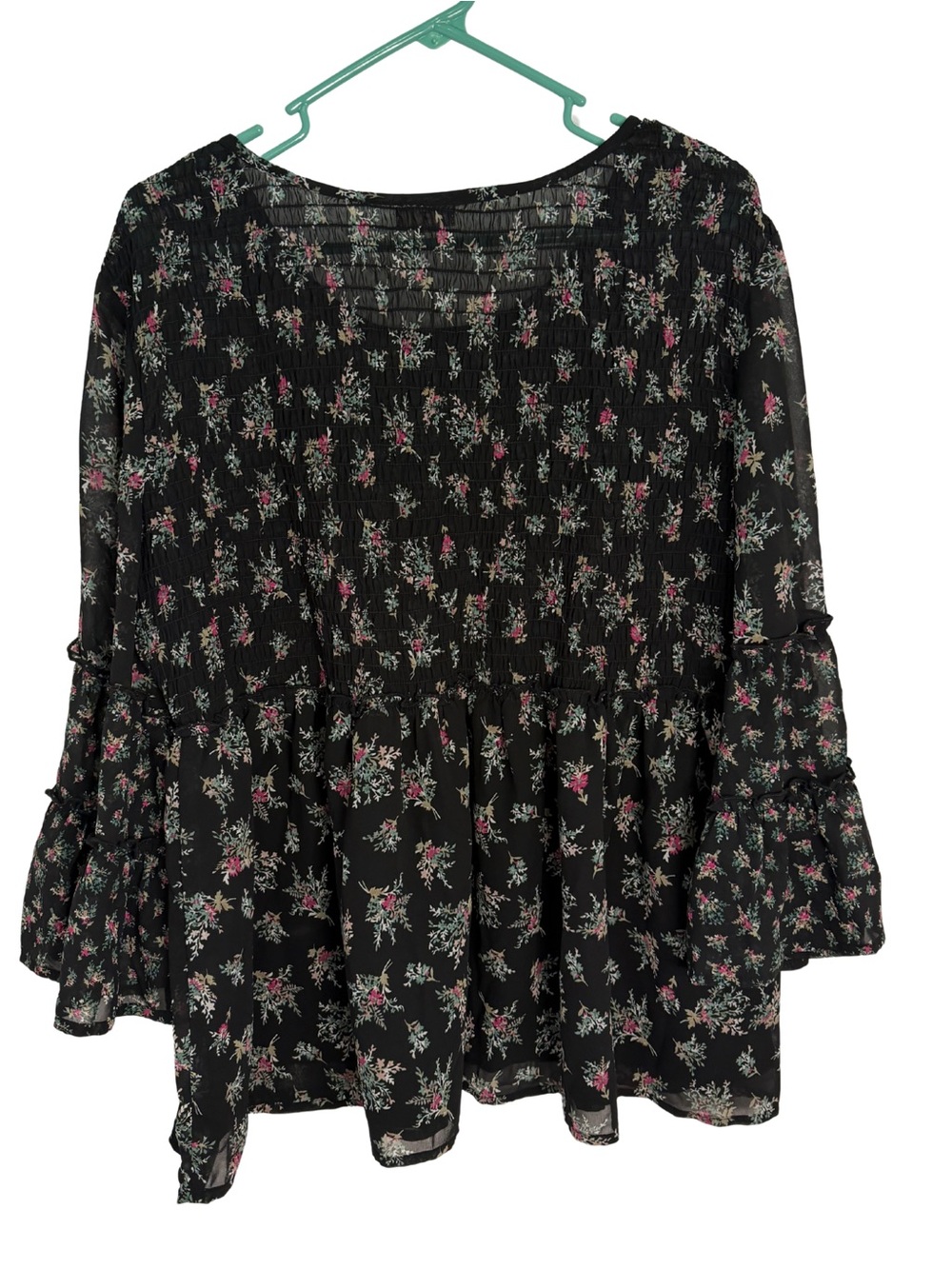 Westport Black Floral Smocked Long Sleeve Sheer Boho Peasant Blouse - Picture 2 of 6